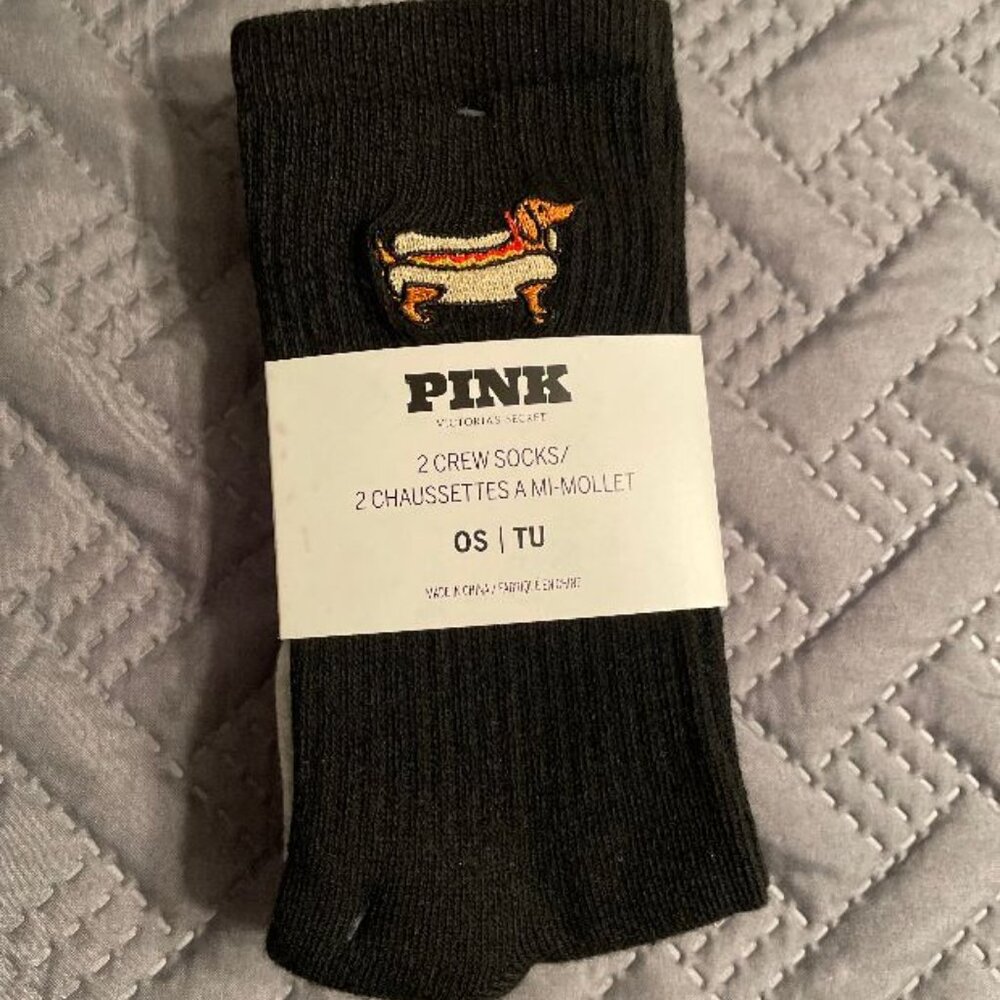 VS PINK DAUSCHUND WEINER DOG CREW SOCKS 2 pack, NWT FREE WEINER DOG PEN